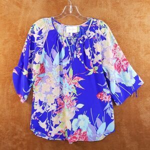 YUMI KIM Womens Top XS Blue Floral Pullover Blouse JOEY BOHO Adjustable Sleeve